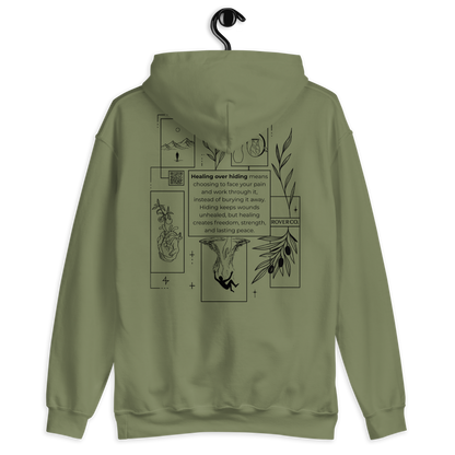 Healing Over Hiding Hoodie – Unisex Heavy Blend with Minimal Embroidery & Meaningful Back Design (Sand, Charcoal, Military Green)