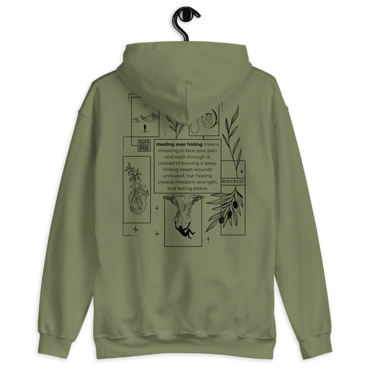 Healing Over Hiding Hoodie – Unisex Heavy Blend with Minimal Embroidery & Meaningful Back Design (Sand, Charcoal, Military Green)