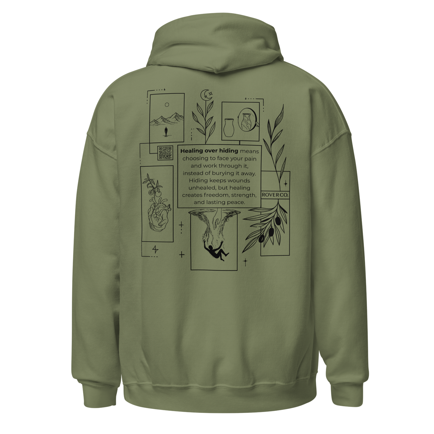 Healing Over Hiding Hoodie – Unisex Heavy Blend with Minimal Embroidery & Meaningful Back Design (Sand, Charcoal, Military Green)