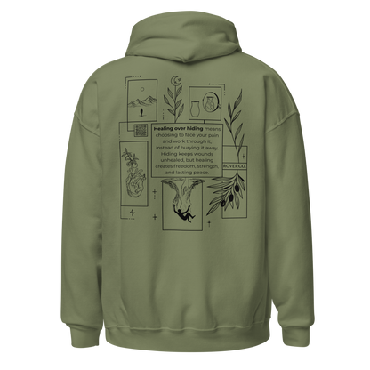 Healing Over Hiding Hoodie – Unisex Heavy Blend with Minimal Embroidery & Meaningful Back Design (Sand, Charcoal, Military Green)