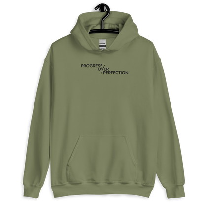 Progress Over Perfection Hoodie – Mental Health Supportive Unisex Heavy Blend Hoodie | Minimalist Embroidered Front + Meaningful Back Design (Sand, Charcoal, Military Green)