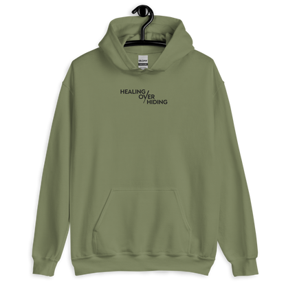 Healing Over Hiding Hoodie – Unisex Heavy Blend with Minimal Embroidery & Meaningful Back Design (Sand, Charcoal, Military Green)