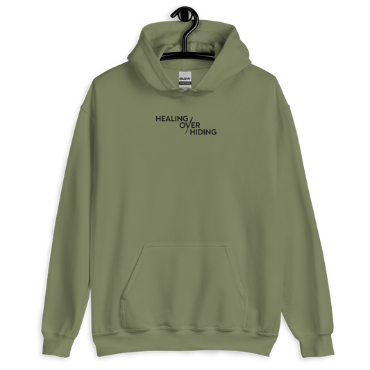 Healing Over Hiding Hoodie – Unisex Heavy Blend with Minimal Embroidery & Meaningful Back Design (Sand, Charcoal, Military Green)