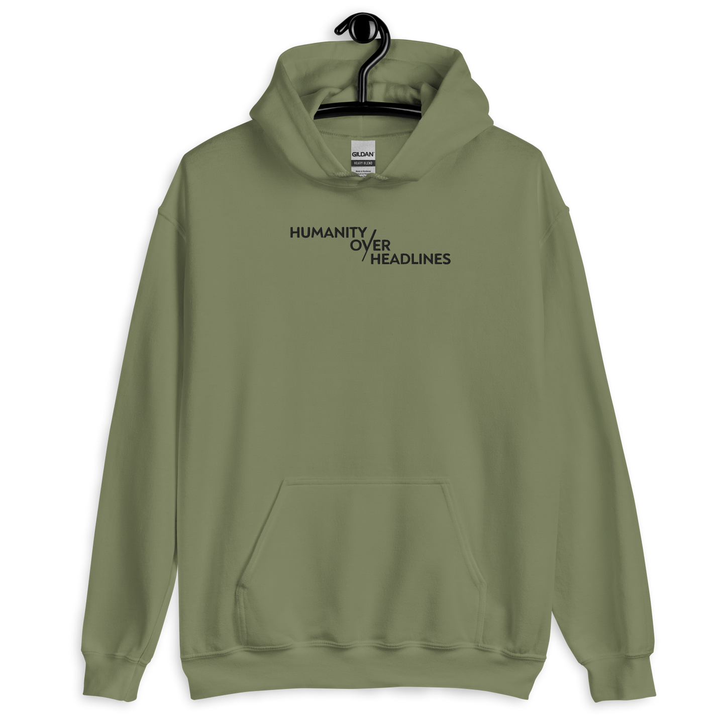 Humanity over Headlines Embroidery Unisex Hoodie – Palestine Supportive Heavy Blend Hoodie | Minimalist Embroidered Front + Meaningful Back Design (Sand, Charcoal, Military Green)
