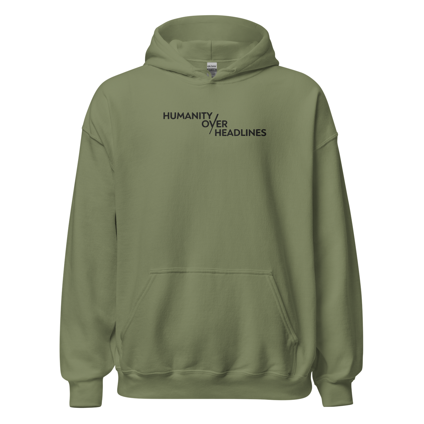 Humanity over Headlines Embroidery Unisex Hoodie – Palestine Supportive Heavy Blend Hoodie | Minimalist Embroidered Front + Meaningful Back Design (Sand, Charcoal, Military Green)