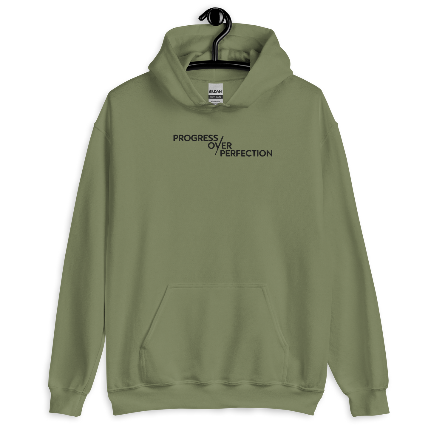 Progress Over Perfection Hoodie – Mental Health Supportive Unisex Heavy Blend Hoodie | Minimalist Embroidered Front + Meaningful Back Design (Sand, Charcoal, Military Green)