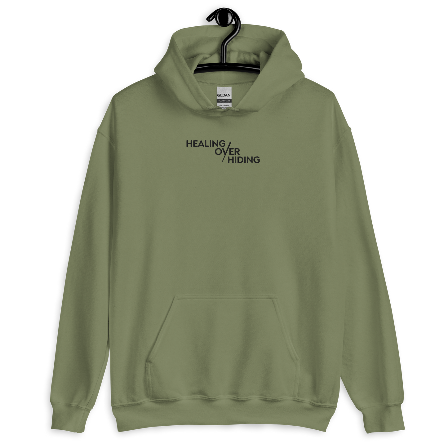 Healing Over Hiding Hoodie – Unisex Heavy Blend with Minimal Embroidery & Meaningful Back Design (Sand, Charcoal, Military Green)