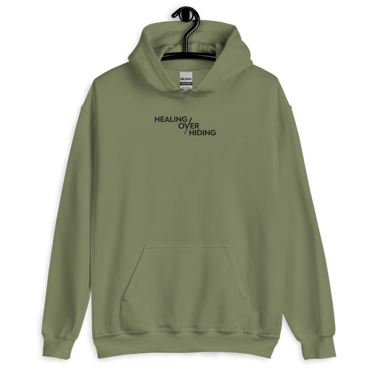 Healing Over Hiding Hoodie – Unisex Heavy Blend with Minimal Embroidery & Meaningful Back Design (Sand, Charcoal, Military Green)