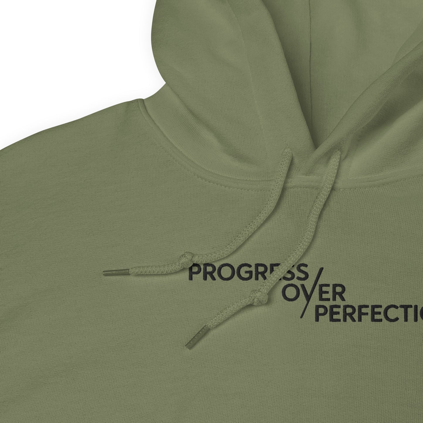 Progress Over Perfection Hoodie – Mental Health Supportive Unisex Heavy Blend Hoodie | Minimalist Embroidered Front + Meaningful Back Design (Sand, Charcoal, Military Green)