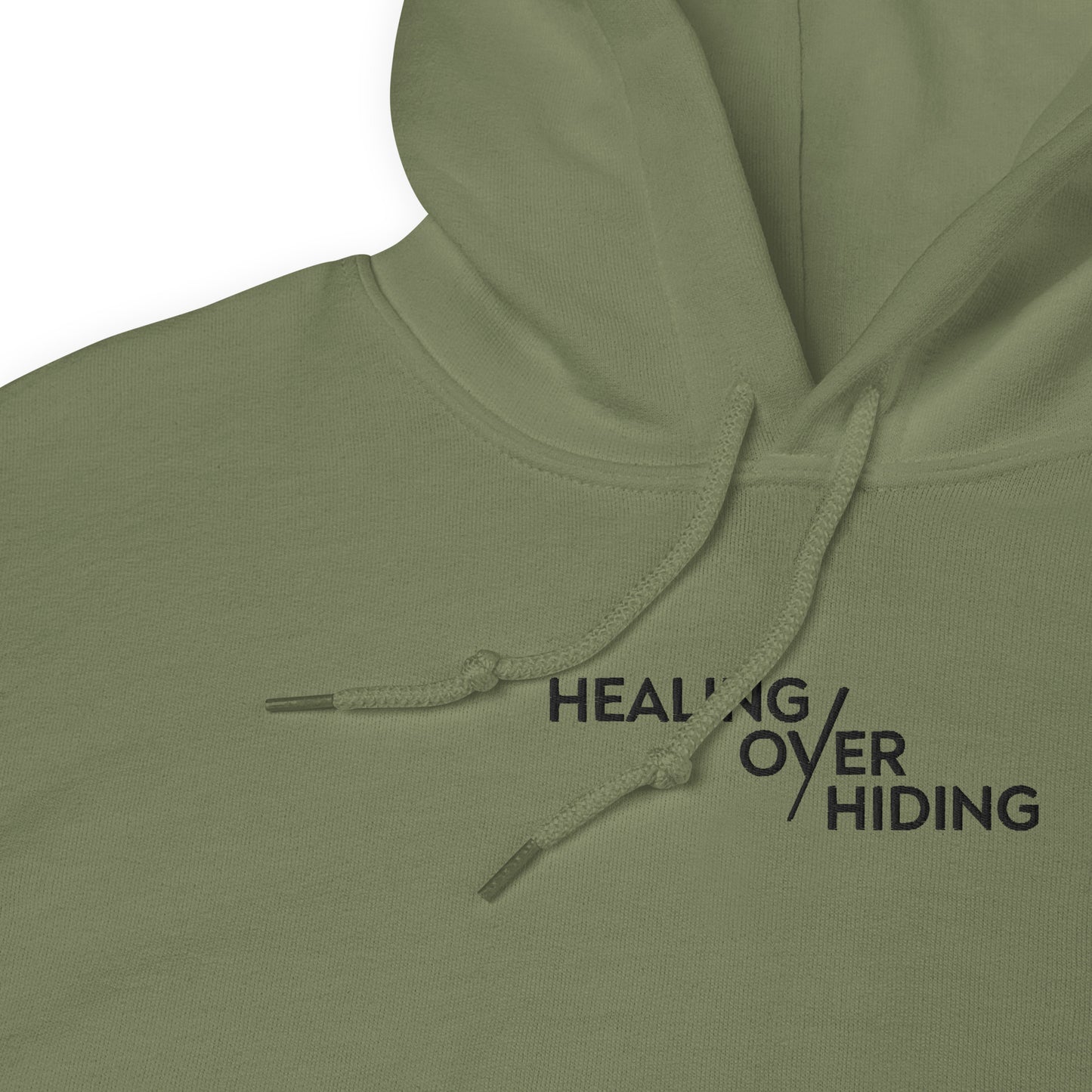 Healing Over Hiding Hoodie – Unisex Heavy Blend with Minimal Embroidery & Meaningful Back Design (Sand, Charcoal, Military Green)