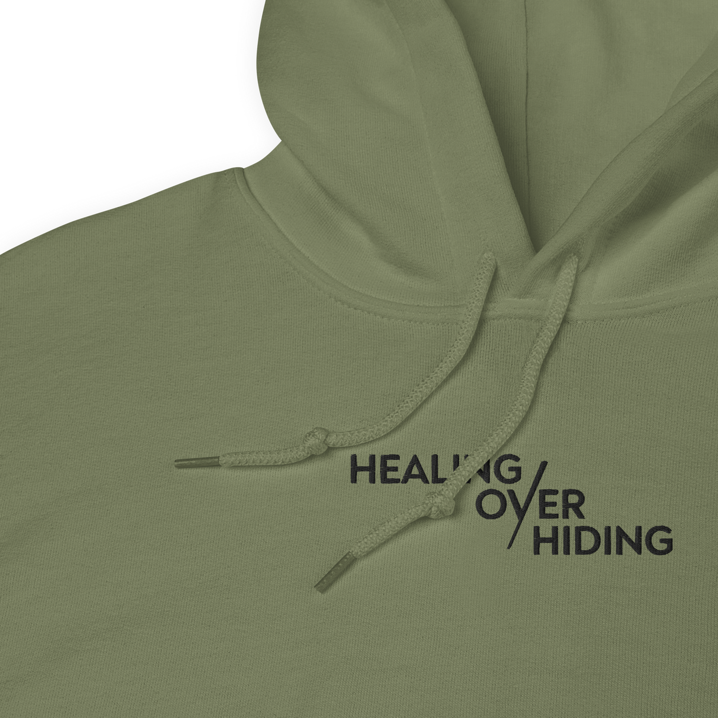 Healing Over Hiding Hoodie – Unisex Heavy Blend with Minimal Embroidery & Meaningful Back Design (Sand, Charcoal, Military Green)