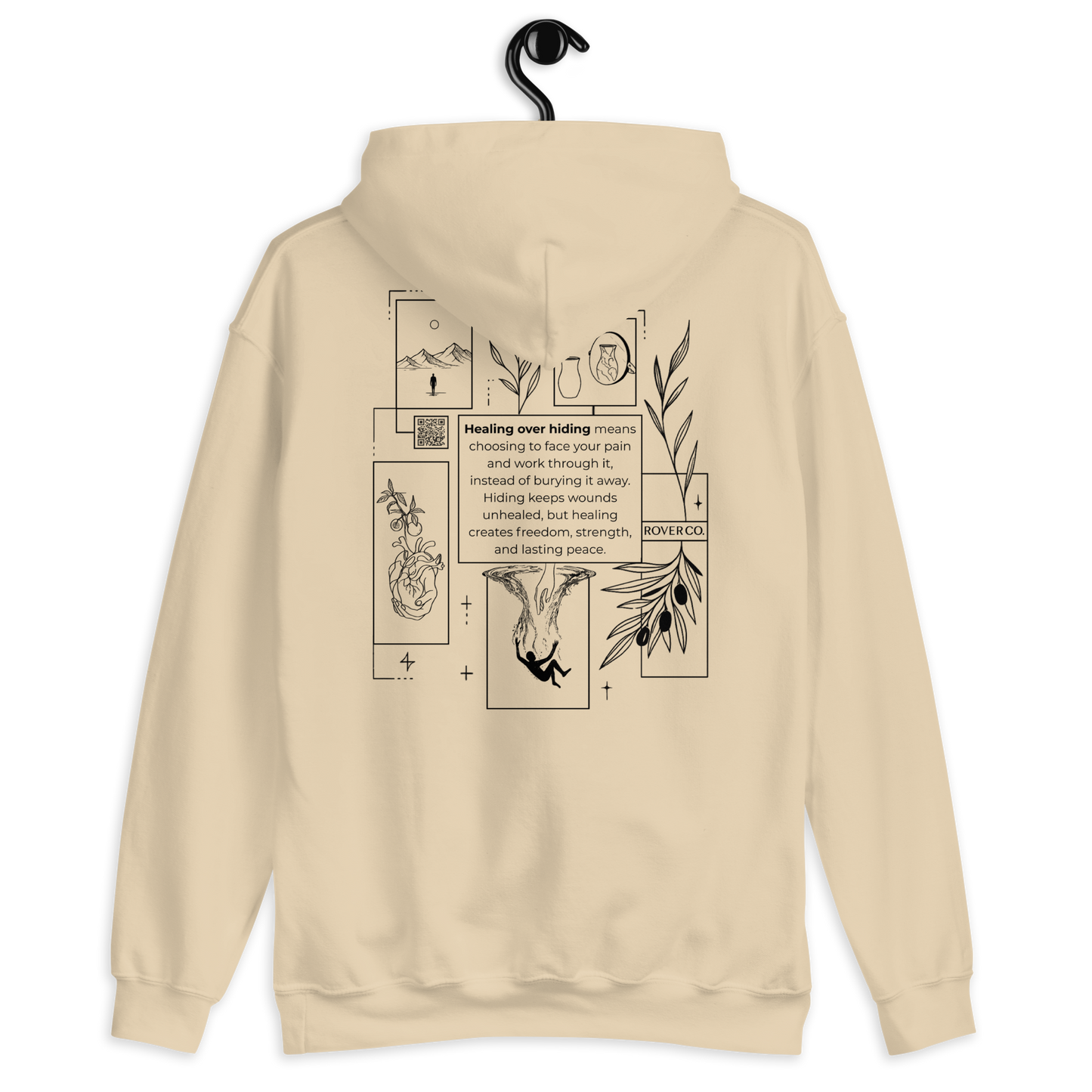 Healing Over Hiding Hoodie – Unisex Heavy Blend with Minimal Embroidery & Meaningful Back Design (Sand, Charcoal, Military Green)