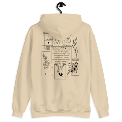 Healing Over Hiding Hoodie – Unisex Heavy Blend with Minimal Embroidery & Meaningful Back Design (Sand, Charcoal, Military Green)