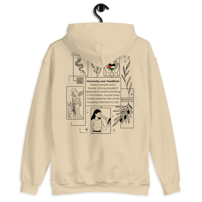 Humanity over Headlines Embroidery Unisex Hoodie – Palestine Supportive Heavy Blend Hoodie | Minimalist Embroidered Front + Meaningful Back Design (Sand, Charcoal, Military Green)