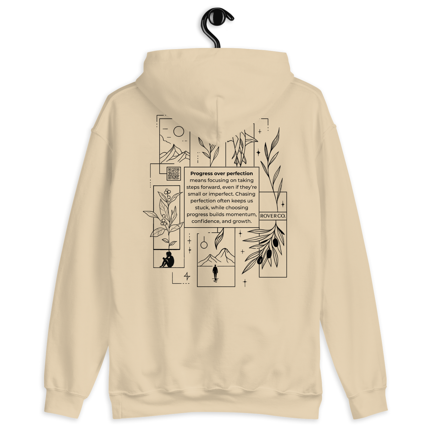 Progress Over Perfection Hoodie – Mental Health Supportive Unisex Heavy Blend Hoodie | Minimalist Embroidered Front + Meaningful Back Design (Sand, Charcoal, Military Green)
