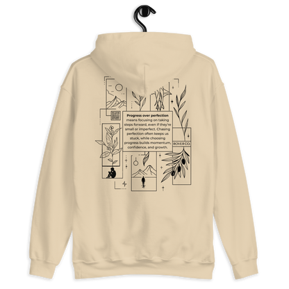 Progress Over Perfection Hoodie – Mental Health Supportive Unisex Heavy Blend Hoodie | Minimalist Embroidered Front + Meaningful Back Design (Sand, Charcoal, Military Green)