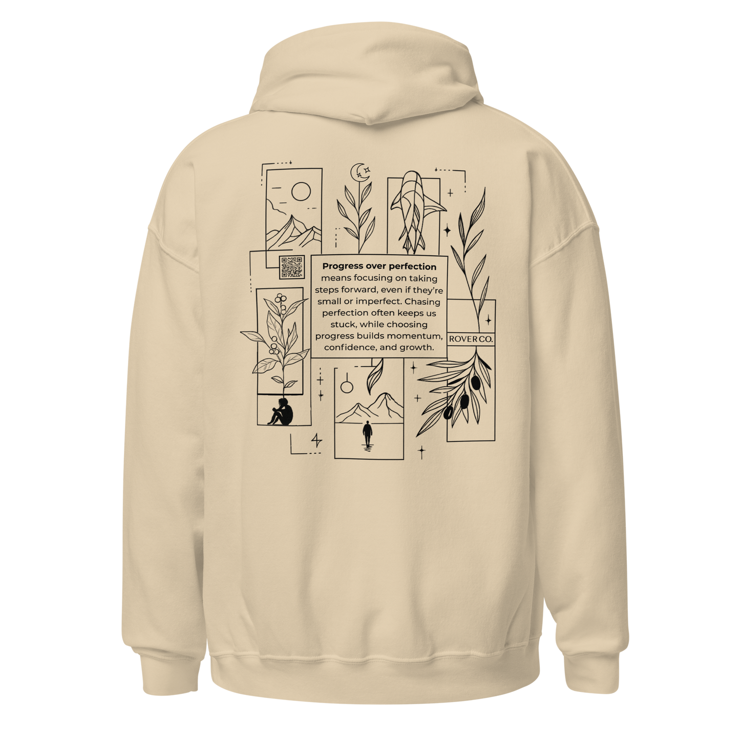 Progress Over Perfection Hoodie – Mental Health Supportive Unisex Heavy Blend Hoodie | Minimalist Embroidered Front + Meaningful Back Design (Sand, Charcoal, Military Green)