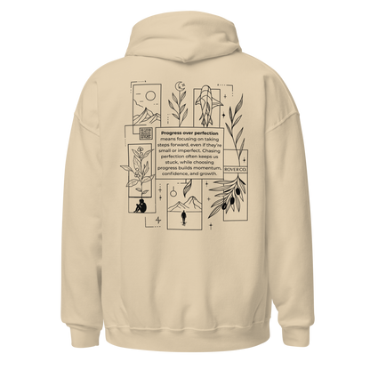 Progress Over Perfection Hoodie – Mental Health Supportive Unisex Heavy Blend Hoodie | Minimalist Embroidered Front + Meaningful Back Design (Sand, Charcoal, Military Green)