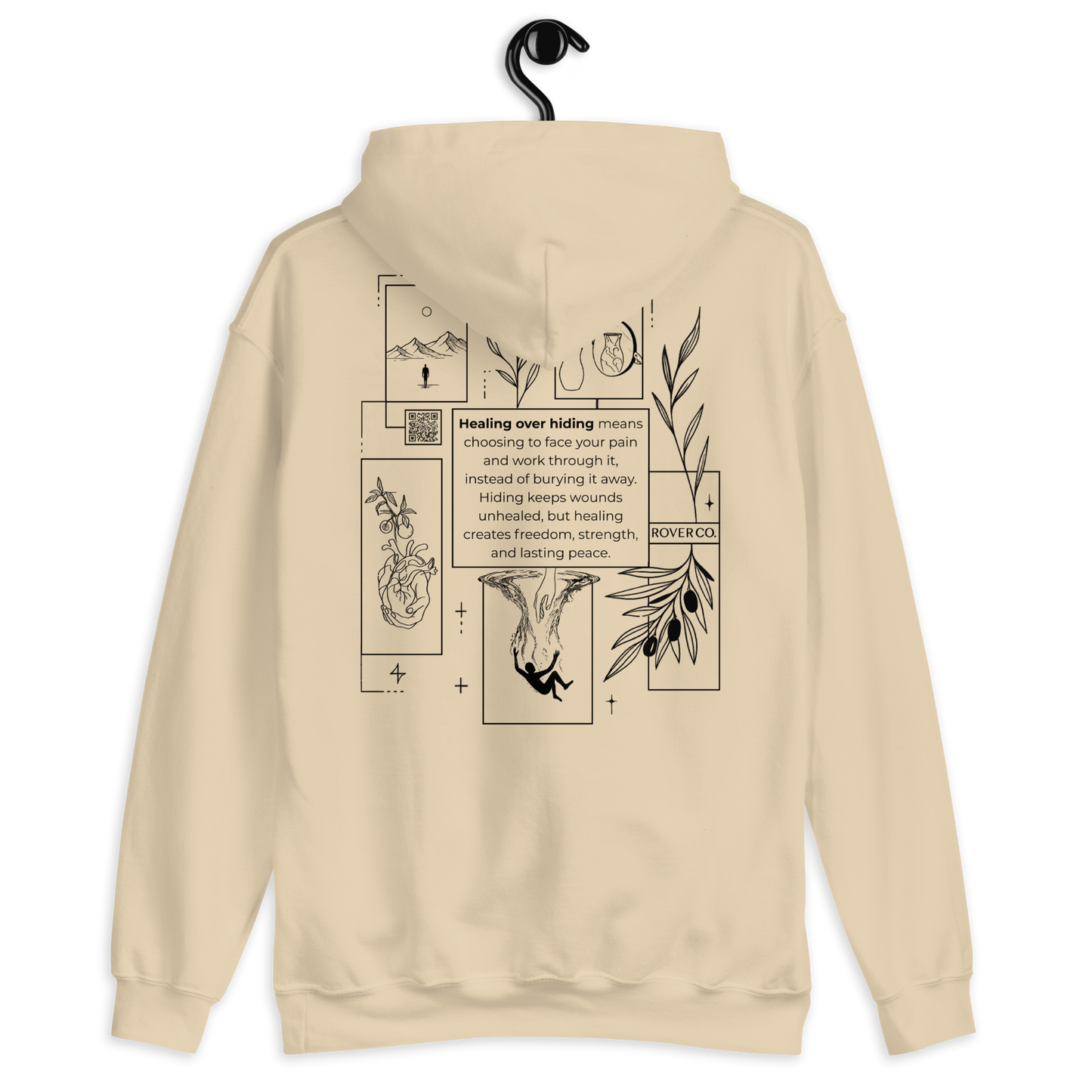 Healing Over Hiding Hoodie – Unisex Heavy Blend with Minimal Embroidery & Meaningful Back Design (Sand, Charcoal, Military Green)