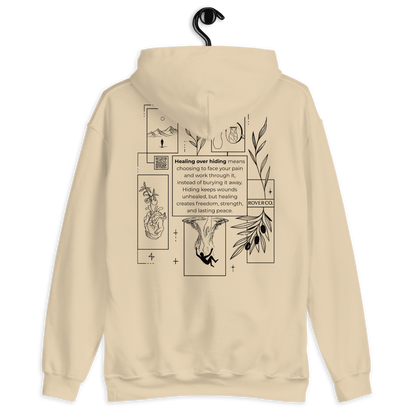 Healing Over Hiding Hoodie – Unisex Heavy Blend with Minimal Embroidery & Meaningful Back Design (Sand, Charcoal, Military Green)