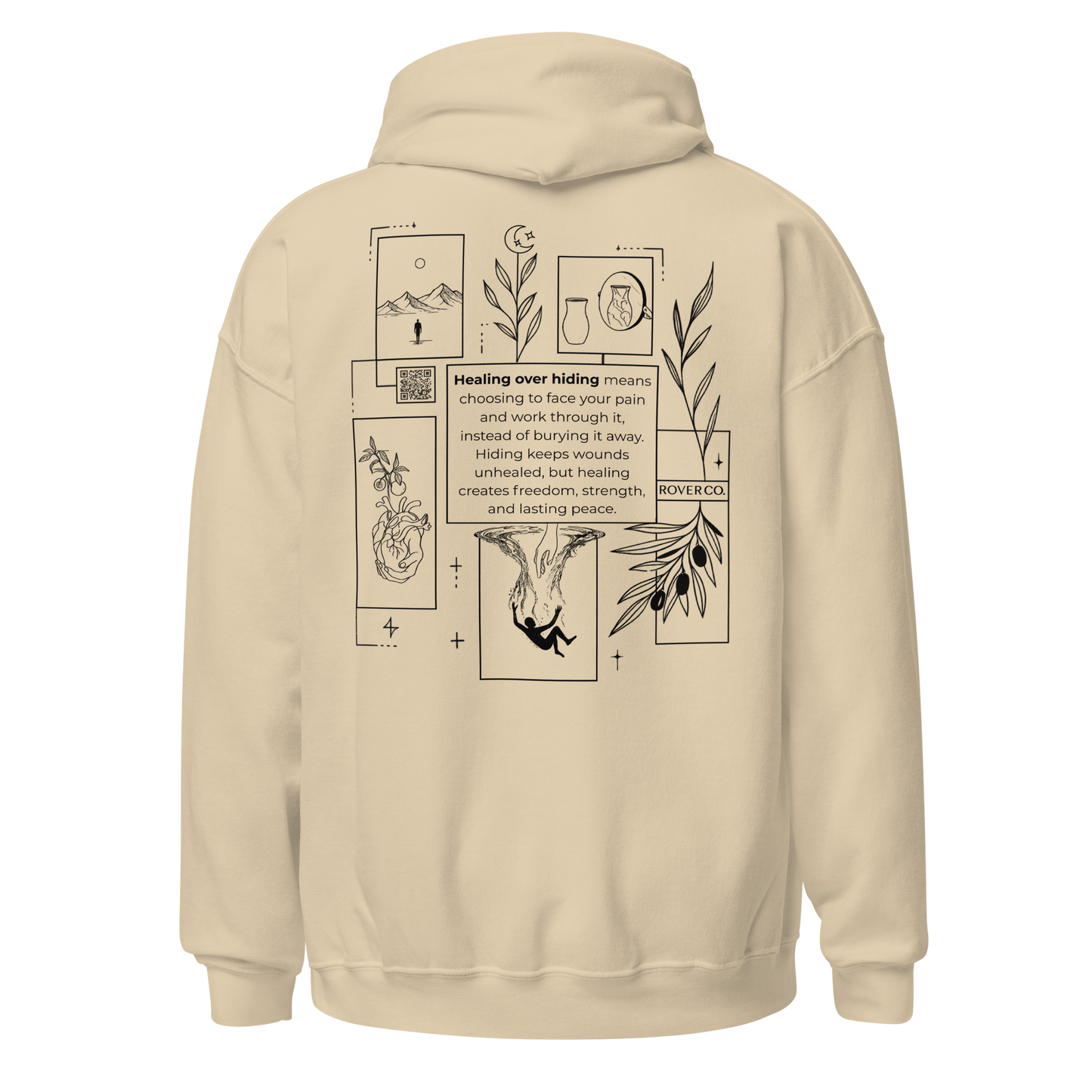 Healing Over Hiding Hoodie – Unisex Heavy Blend with Minimal Embroidery & Meaningful Back Design (Sand, Charcoal, Military Green)