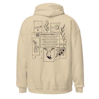 Healing Over Hiding Hoodie – Unisex Heavy Blend with Minimal Embroidery & Meaningful Back Design (Sand, Charcoal, Military Green)