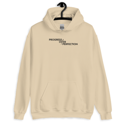 Progress Over Perfection Hoodie – Mental Health Supportive Unisex Heavy Blend Hoodie | Minimalist Embroidered Front + Meaningful Back Design (Sand, Charcoal, Military Green)