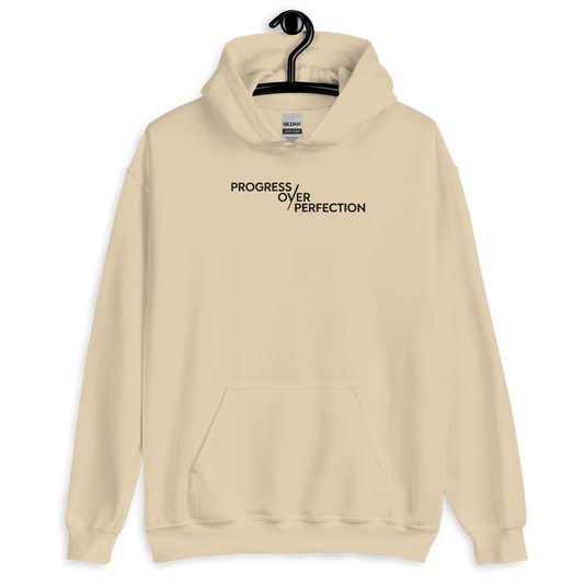 Progress Over Perfection Hoodie – Mental Health Supportive Unisex Heavy Blend Hoodie | Minimalist Embroidered Front + Meaningful Back Design (Sand, Charcoal, Military Green)