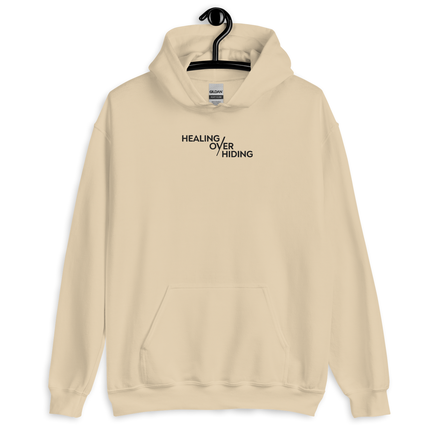 Healing Over Hiding Hoodie – Unisex Heavy Blend with Minimal Embroidery & Meaningful Back Design (Sand, Charcoal, Military Green)