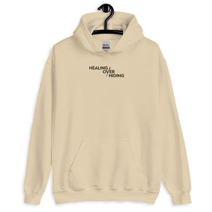 Healing Over Hiding Hoodie – Unisex Heavy Blend with Minimal Embroidery & Meaningful Back Design (Sand, Charcoal, Military Green)