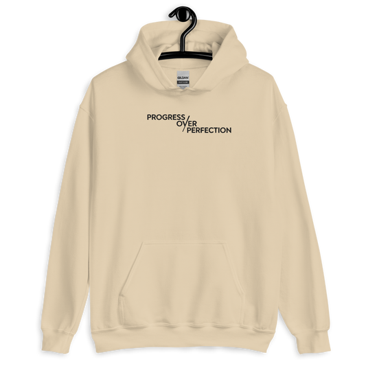 Progress Over Perfection Hoodie – Mental Health Supportive Unisex Heavy Blend Hoodie | Minimalist Embroidered Front + Meaningful Back Design (Sand, Charcoal, Military Green)