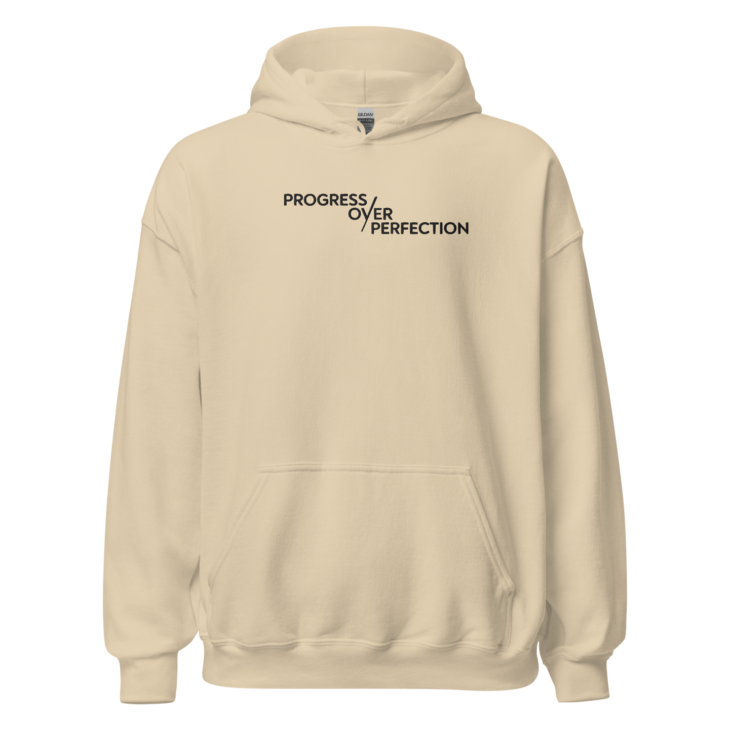 Progress Over Perfection Hoodie – Mental Health Supportive Unisex Heavy Blend Hoodie | Minimalist Embroidered Front + Meaningful Back Design (Sand, Charcoal, Military Green)