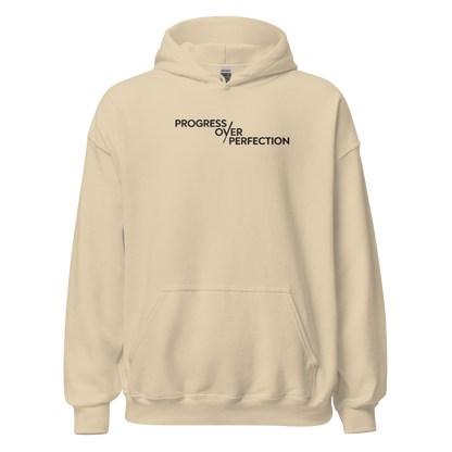 Progress Over Perfection Hoodie – Mental Health Supportive Unisex Heavy Blend Hoodie | Minimalist Embroidered Front + Meaningful Back Design (Sand, Charcoal, Military Green)