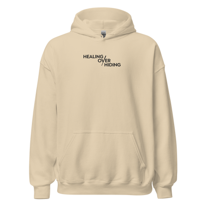 Healing Over Hiding Hoodie – Unisex Heavy Blend with Minimal Embroidery & Meaningful Back Design (Sand, Charcoal, Military Green)