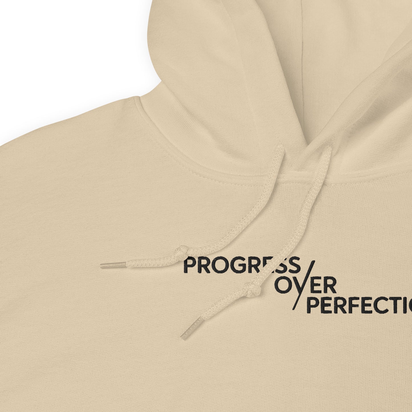 Progress Over Perfection Hoodie – Mental Health Supportive Unisex Heavy Blend Hoodie | Minimalist Embroidered Front + Meaningful Back Design (Sand, Charcoal, Military Green)