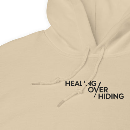 Healing Over Hiding Hoodie – Unisex Heavy Blend with Minimal Embroidery & Meaningful Back Design (Sand, Charcoal, Military Green)