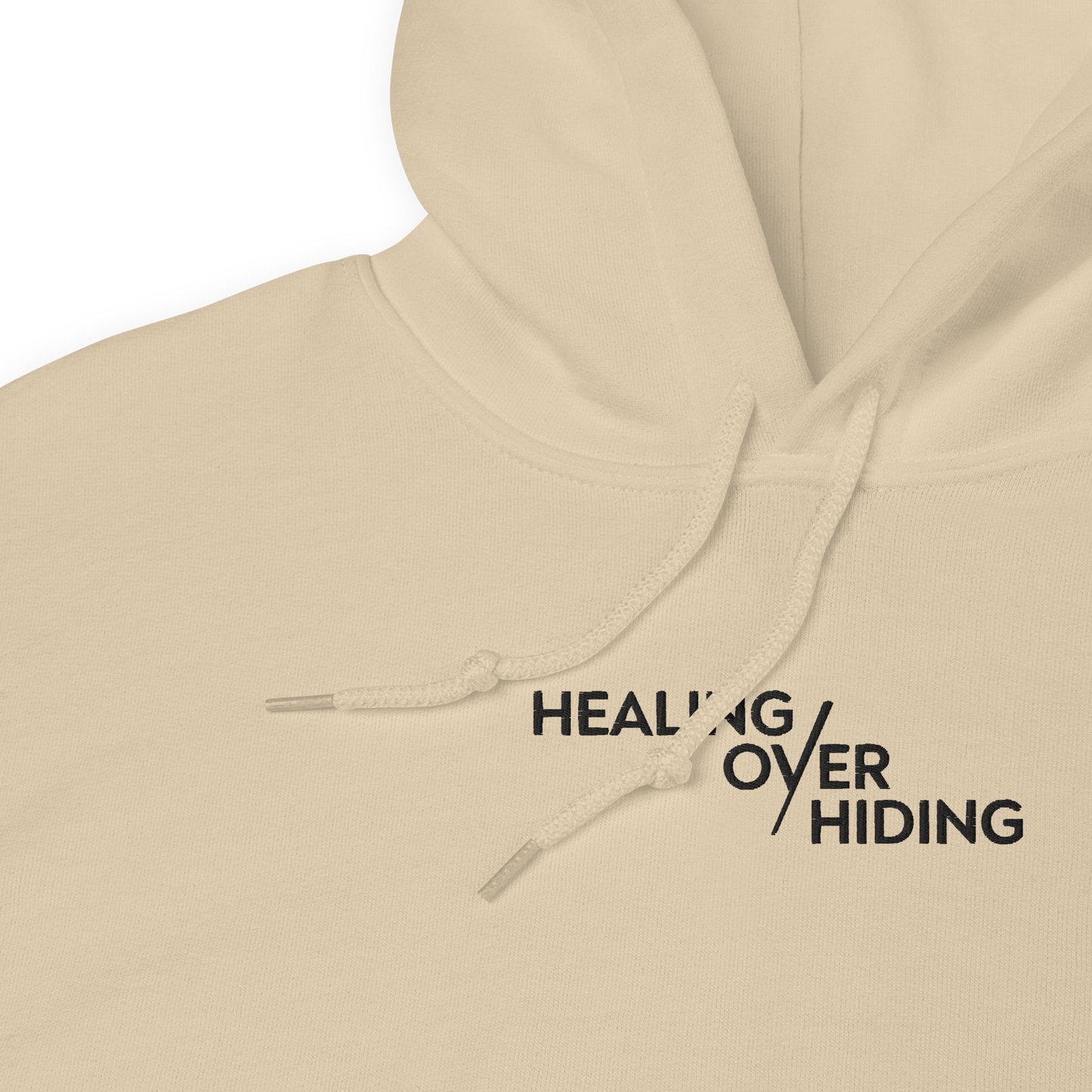 Healing Over Hiding Hoodie – Unisex Heavy Blend with Minimal Embroidery & Meaningful Back Design (Sand, Charcoal, Military Green)